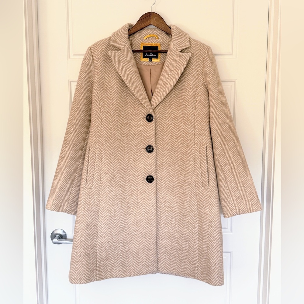Sam Edelman Wool Blend Long Pea Coat - Tan/Cream Herringbone - Size L